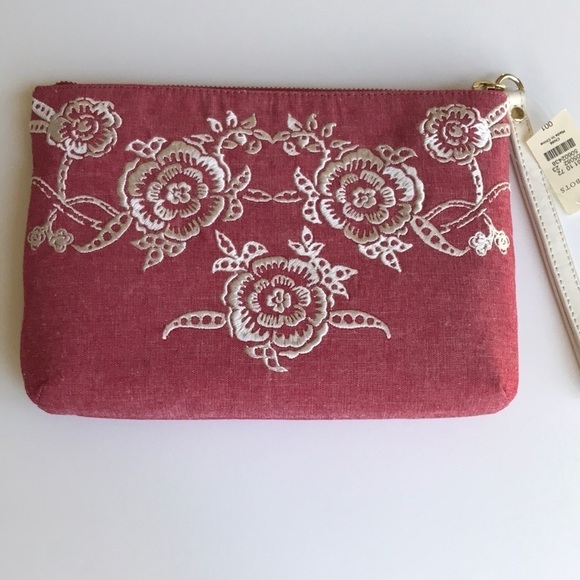 Talbots Handbags - Talbots Red Chambray Zip Wristlet Clutch Pouch with Floral Embroidery NWT